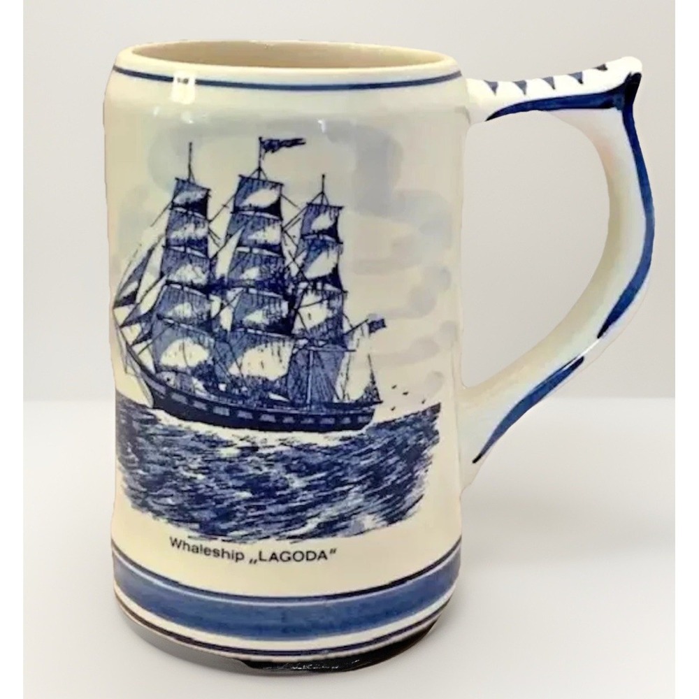 VTG Delft Mug Blue Hand Painted Nautical Ship Cottage Shabby Coastal Decor Retro